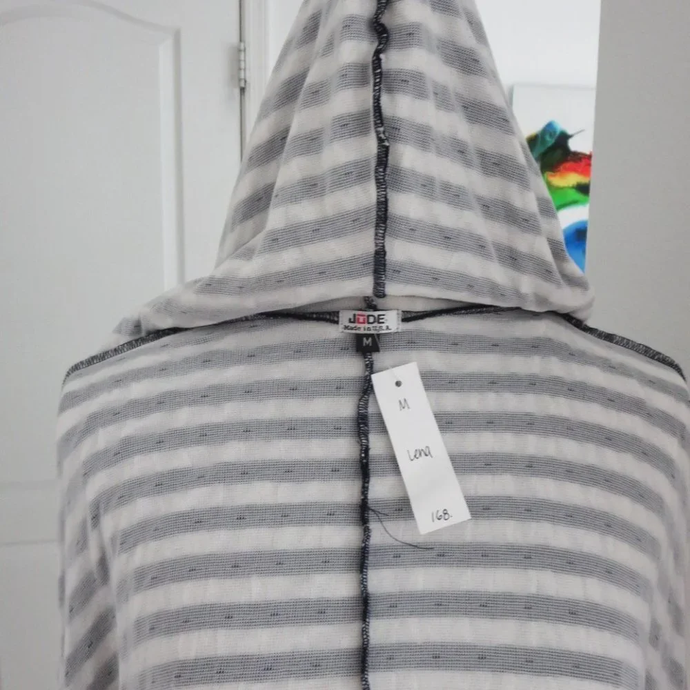 New JUDE Zip Front Hooded Striped Navy White Jacket Dolman Batwing Pockets NWT - Picture 10 of 14